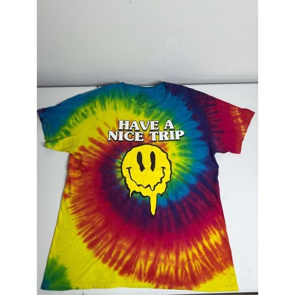 Vintage 90s Spencer's Tie Dye Melting Smiley Face Sz L T-Shirt Have A Nice Trip - Picture 1 of 8